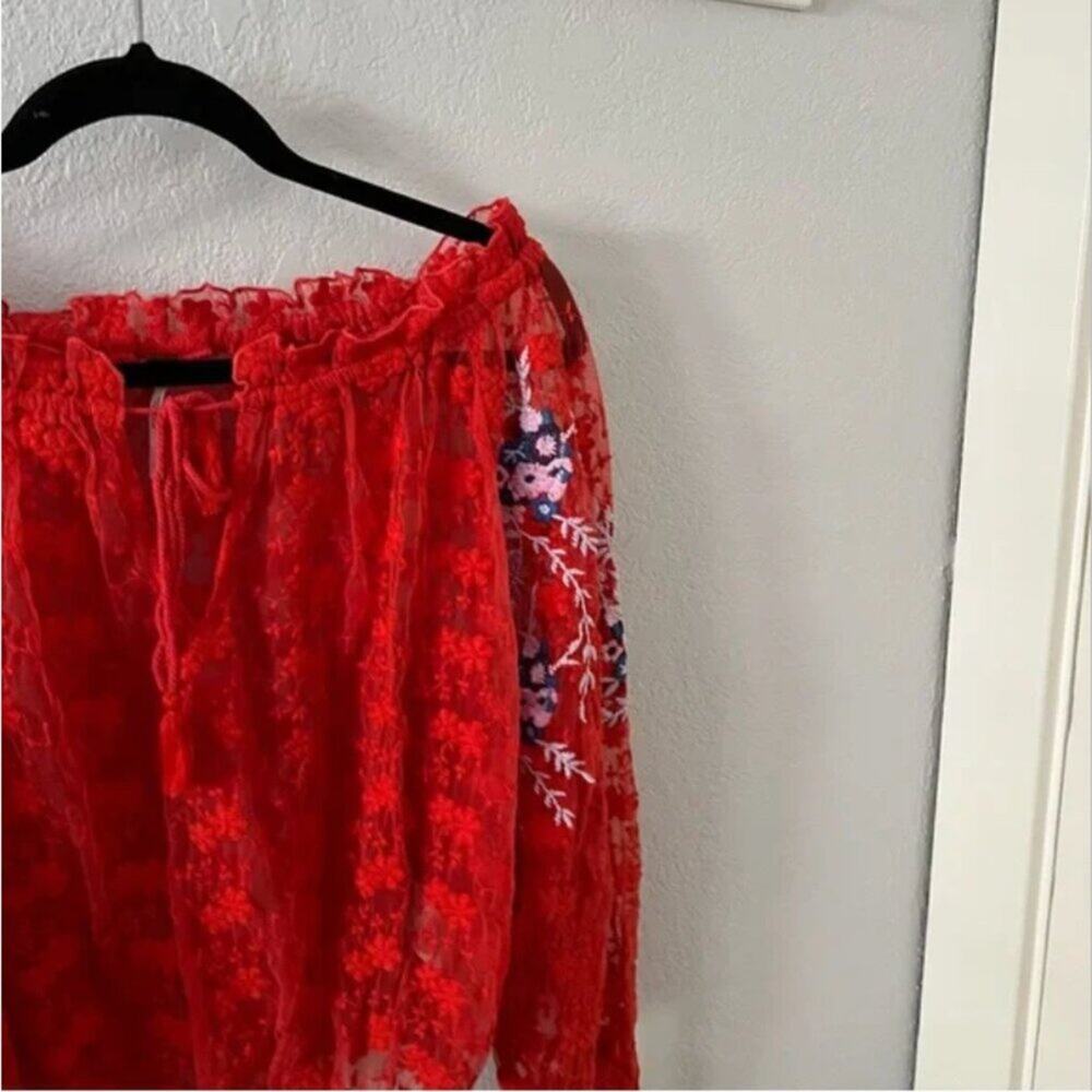 Free People Jubilee Embroidered Red Lace Blouse - Picture 6 of 9